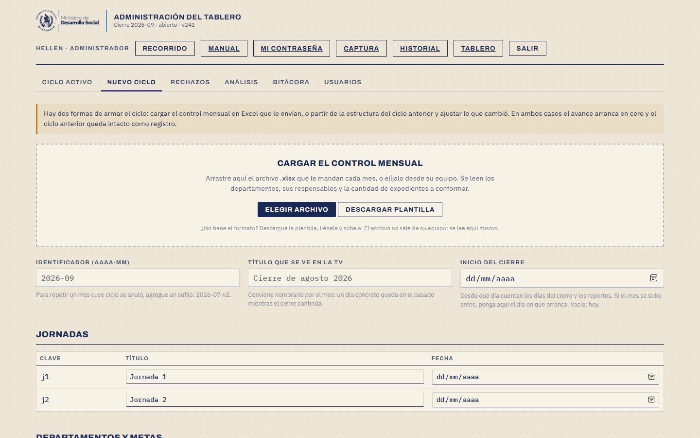 Pestaña Nuevo ciclo de la consola de administración